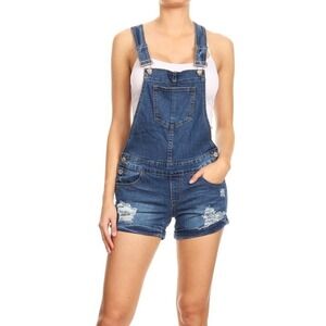 Nina Rossi Women's Distressed Boyfriend Overall Shorts, Dark‎ Wash, Medium